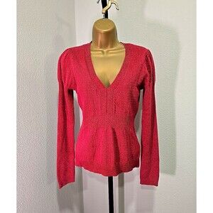 Vtg DKNY Y2K Babydoll Puff Sleeve Red Sweater Womens Lg Metallic Fleck Stretchy